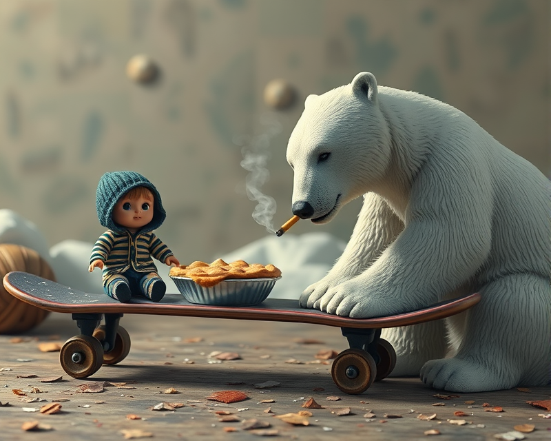 skateboard, doll, polar bear, cigarette, pie